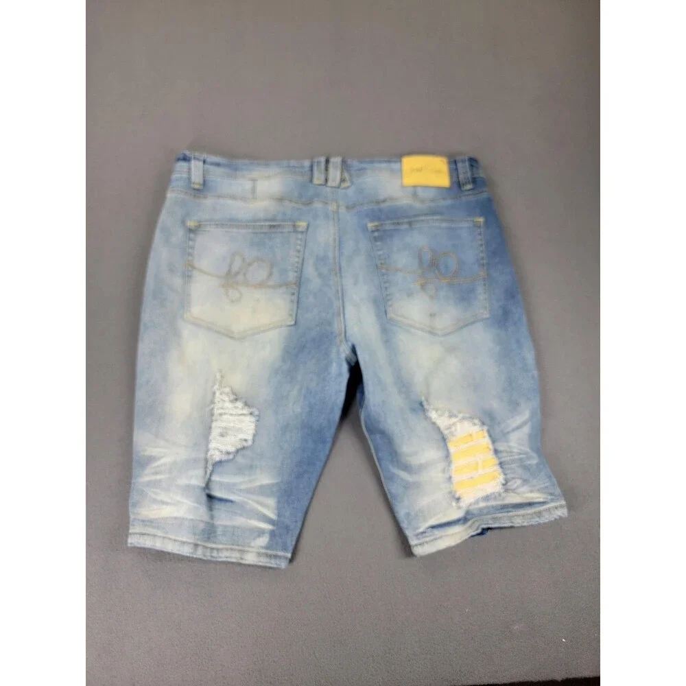 Frost Origin Shorts Mens 38 Blue Distressed Ripped Denim Yellow Patch Streetwear